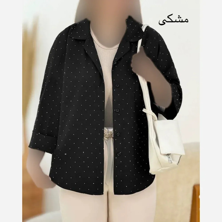 شومیز زنانه نگین دار جنس شانتون طرحدار رنگ مشکی فری سایز 36 تا 46