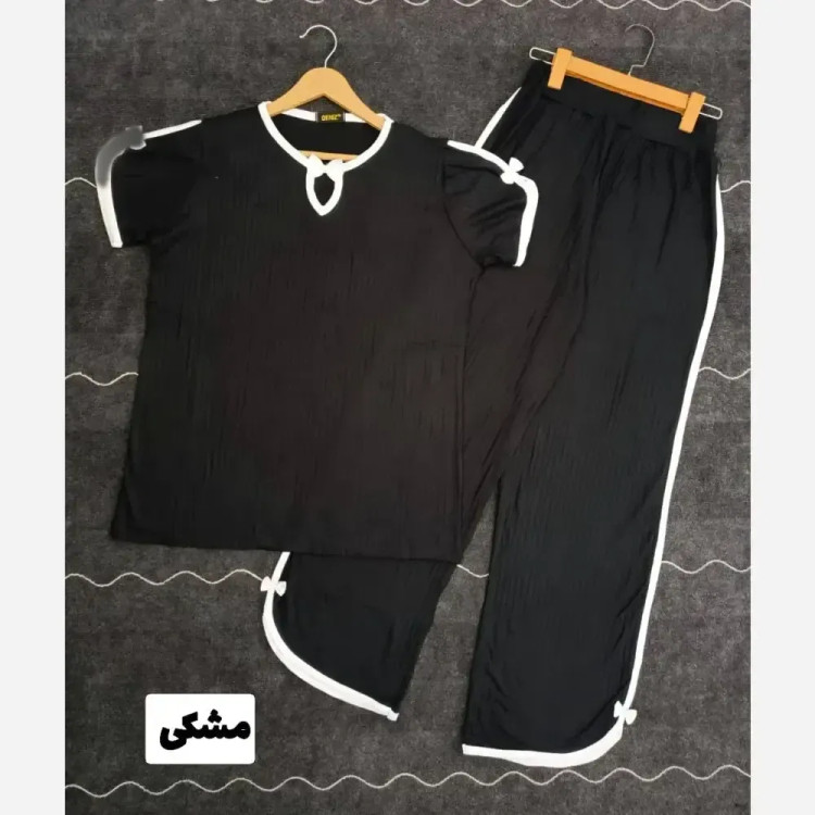 ست تیشرت شلوار پاپیون جنس آکاردئونی یقه اشکی