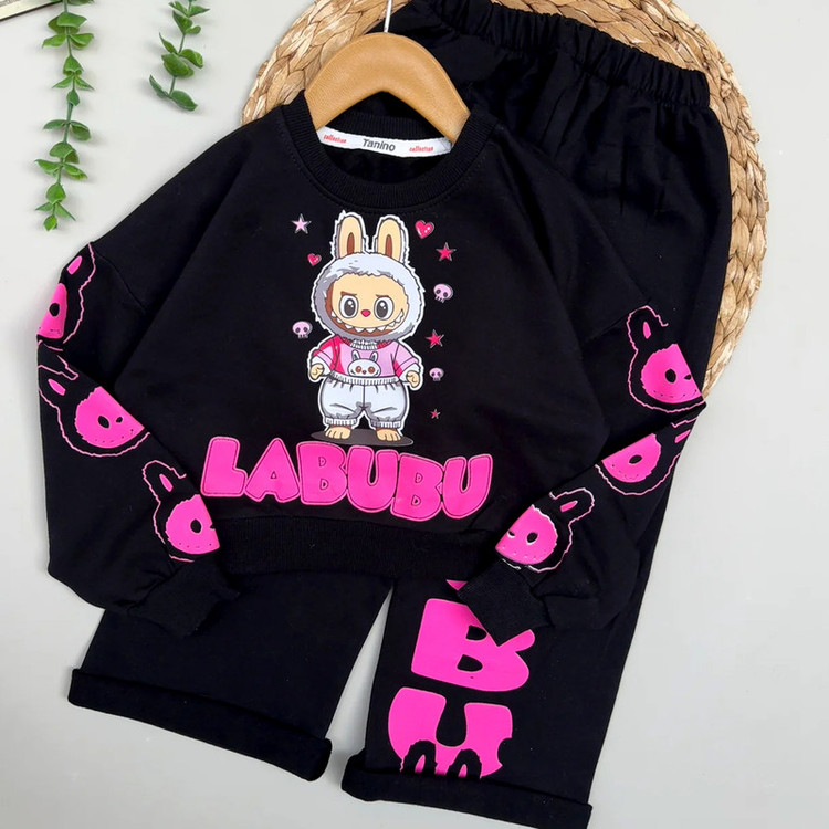 ست تیشرت آستین بلند و شلوار راحتی دخترانه مدل کراپ لبوبو کد LABUBU 8983
