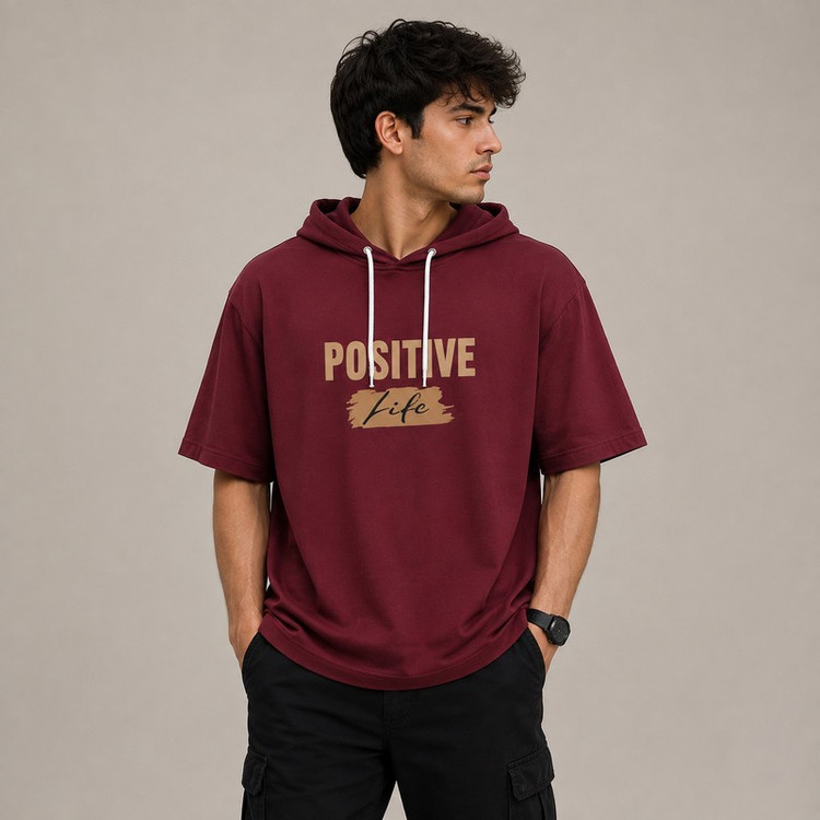تی شرت مردانه کلاه دار پنبه ای طرح حروف مدل positive