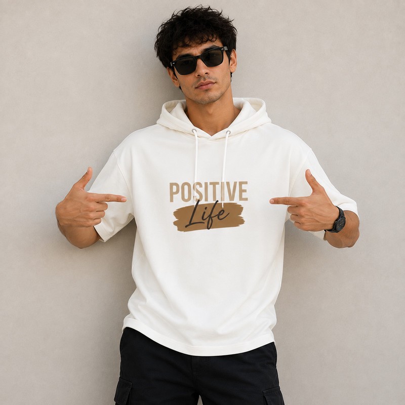 تی شرت مردانه کلاه دار پنبه ای طرح حروف مدل positive