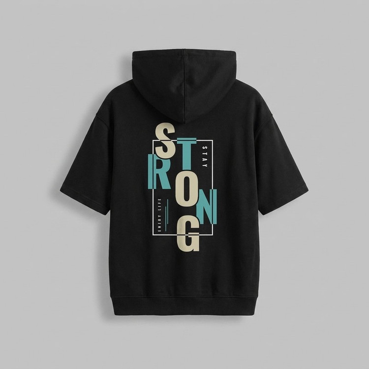 تی شرت مردانه کلاه دار نخی گرم بالا طرح حروف مدل STRONG