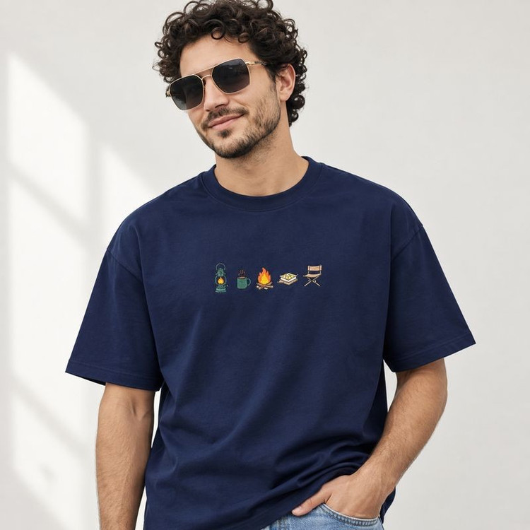 تیشرت آستین کوتاه مردانه باکسی پرسیسکا نخ پنبه طرح کمپینگ مدل Ap-15