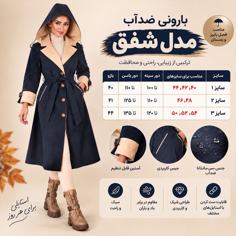 بارانی زنانه تی سی قد زیر زانو مدل شفق 1000200