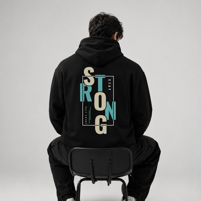 تی شرت مردانه کلاهدار نخی گرم بالا طرح حروف مدل STRONG