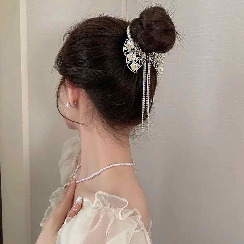 گیره مو زنانه مدل آبشاری گوجه ای طرح پاپیون آویزدار