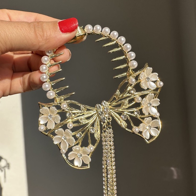 گیره مو زنانه مدل آبشاری گوجه ای طرح پاپیون آویزدار