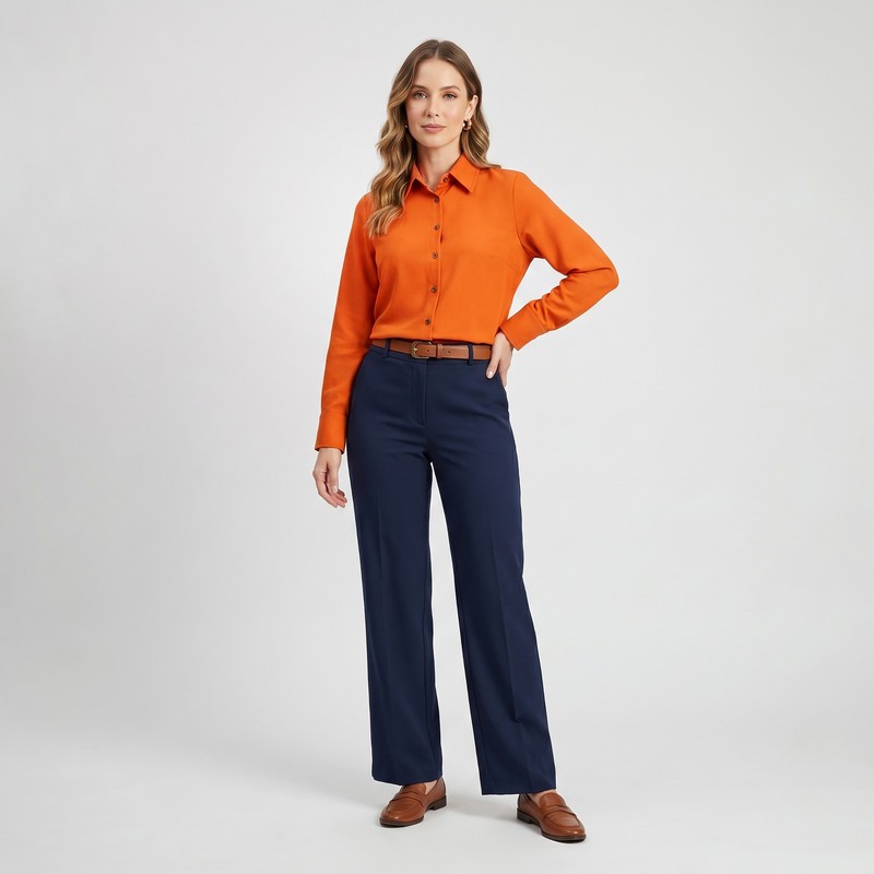 شومیز زنانه آستین بلند مدل H100 با جنس الیاف نخی و یقه برگردان، تنخور معمولی، قد روی باسن، بسته شدن با بیش از سه دکمه...