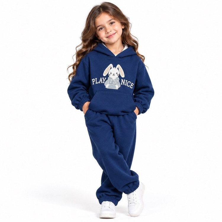 ست هودی و شلوار دخترانه پنبهای طرح عروسکی مدل 521