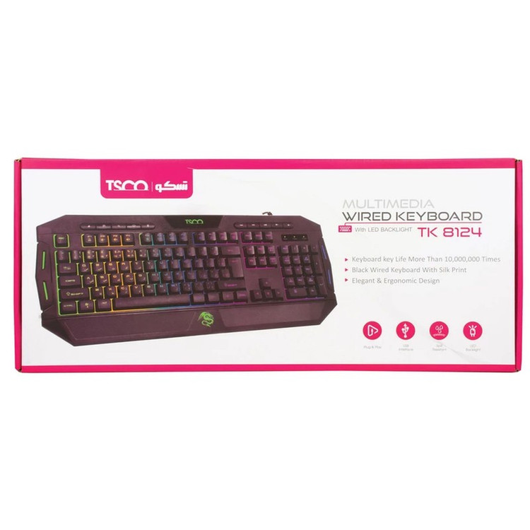 کیبورد گیمینگ تسکو مدل TK 8124، سوییچ ممبران، Full-Size، نورپردازی RGB LED