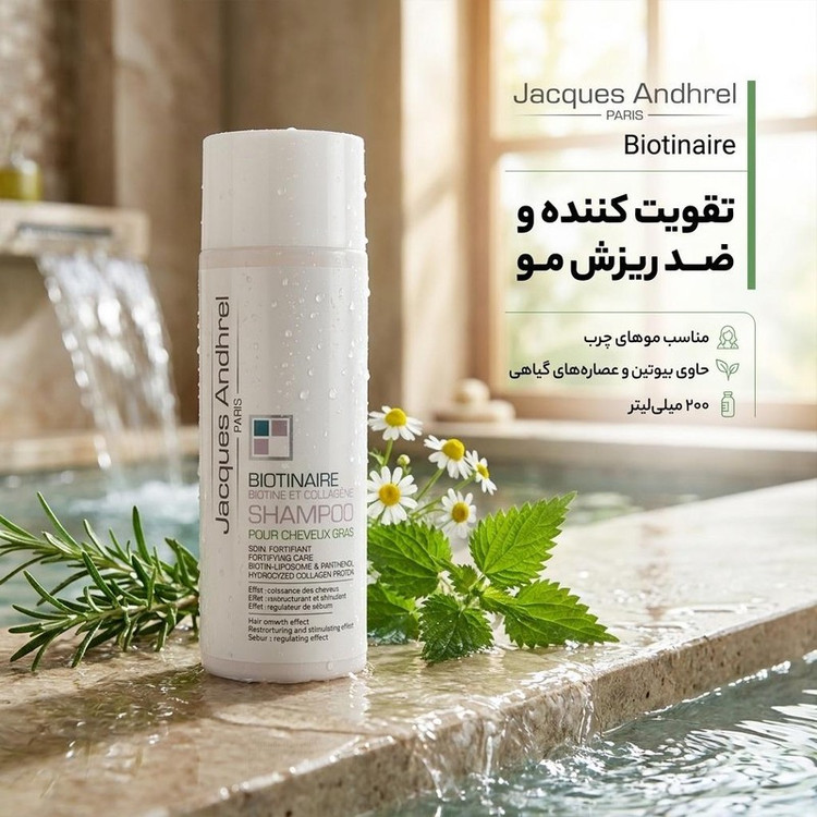 شامپو تقویت کننده مو ژاک آندرل پاریس مدل biotinaire حجم 200 میلیلیتر، ضد ریزش، نرمکننده، مغذی، مرطوبکننده، مناسب موها...