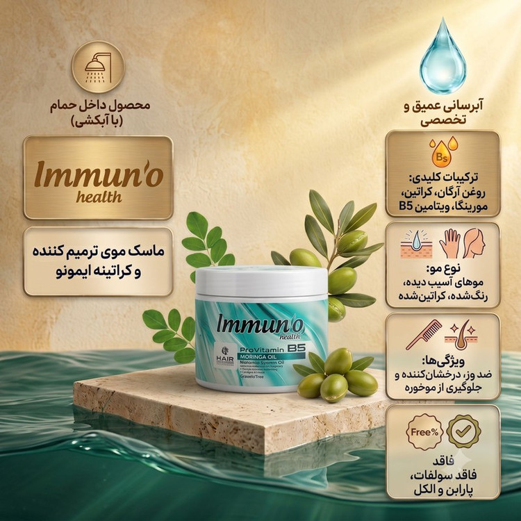 ماسک مو ترمیمکننده و کراتینه ایمونو هلث مدل Moringa مناسب برای مو آسیبدیده حجم 400 میلیلیتر