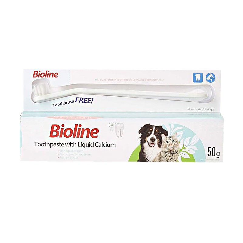 ست مسواک و خمیر دندان سگ بایولاین مدل Calcium وزن 50 گرم