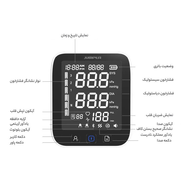 فشارسنج بازویی جامپر مدل JPD-HA121 با اتصال بلوتوث، حافظه 99 رکورد، اندازهگیری فشار خون و ضربان قلب، نمایش میانگین نت...