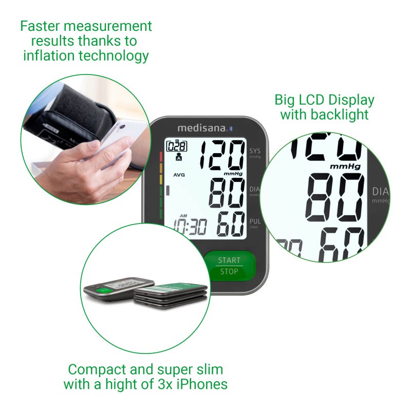 فشارسنج دیجیتال بازویی مدیسانا مدل BU 570B با صفحه نمایش LCD بزرگ و نور پسزمینه، حافظه 120 عددی برای 2 کاربر، تشخیص آ...