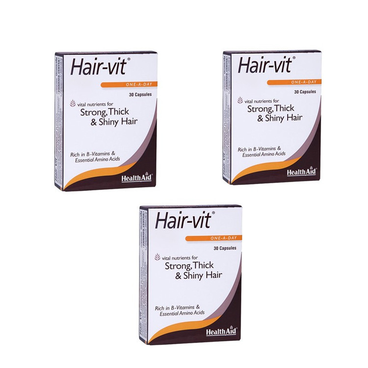 قرص تقویت مو هلث اید مدل Hair-vit بسته سهتایی 30 عددی، حاوی ویتامینهای گروه B و آمینواسیدهای ضروری برای استحکام، ضخام...