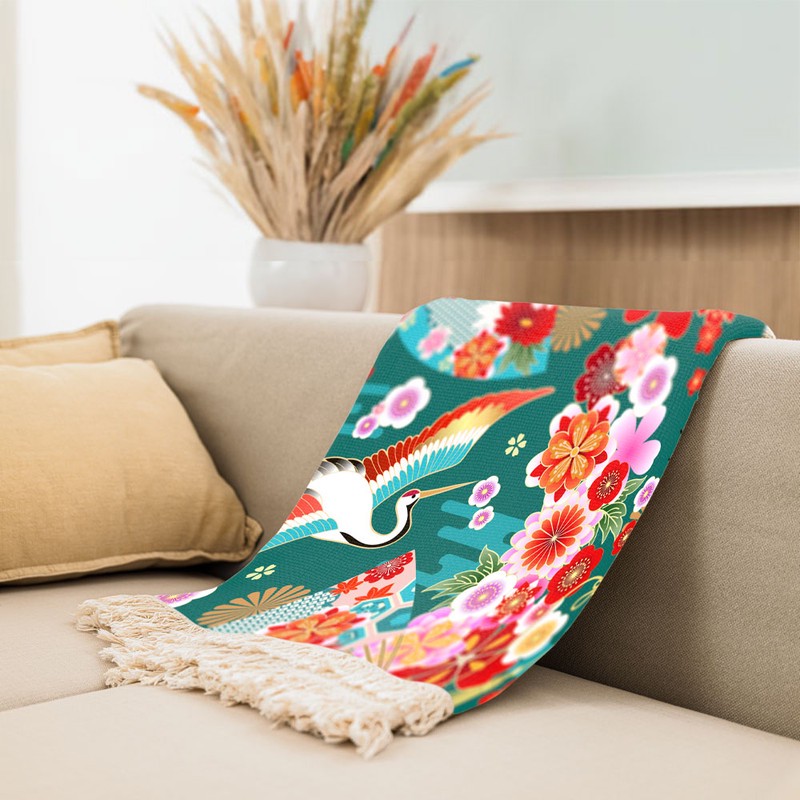شال مبل طرح درنای خوش شانسی کد F2SH1010 سایز 180x100 سانتی متر